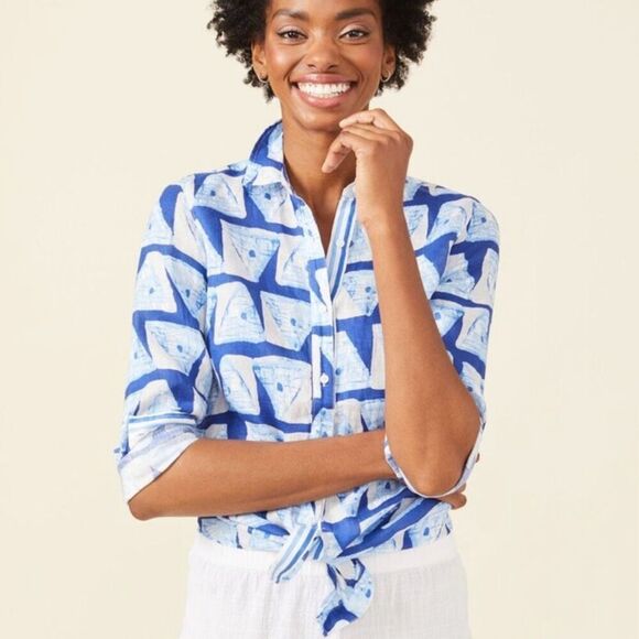 J. McLaughlin Lois Linen Small Blouse Blue White - Picture 3 of 13